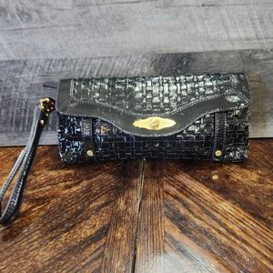 NWOT Elliott Lucca Black Croc Embossed Leather Wristlet Clutch Gold Hardware